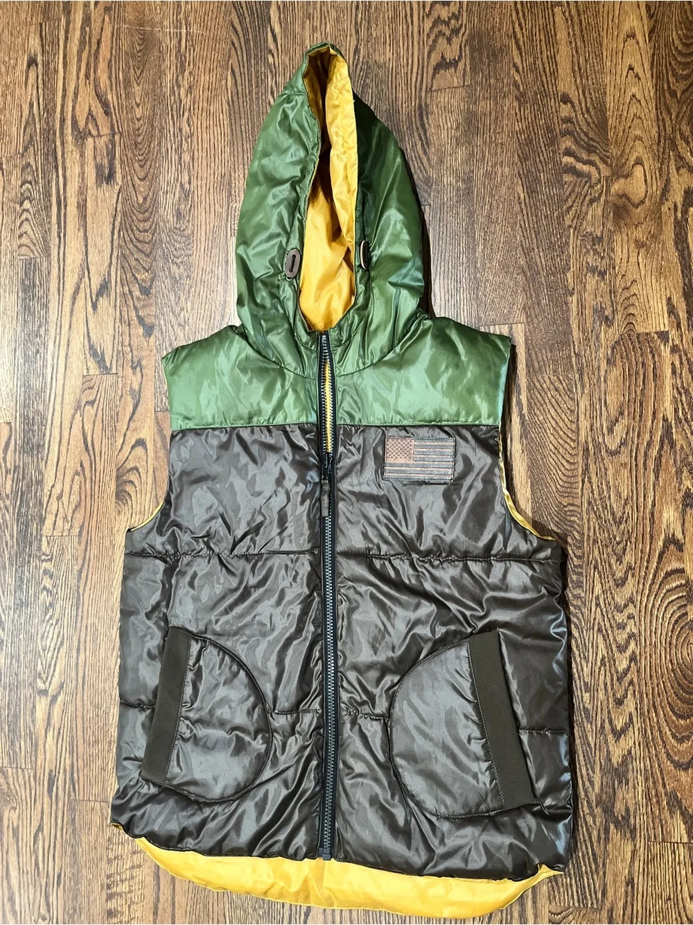 Rocawear Classic Sleeveless Puffer Vest with Hood in Olive, Brown, and Yellow